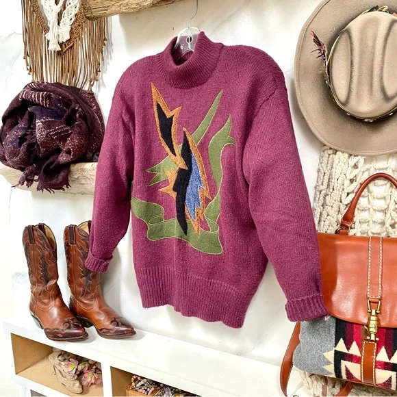 LAST Chance Purple Rare Appliqué retro vintage wool blend sweater - Picture 2 of 10